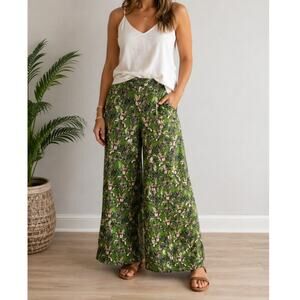 Tahari 100% Linen European Grown Flax Green Tropical Print Wide Leg Pants Small